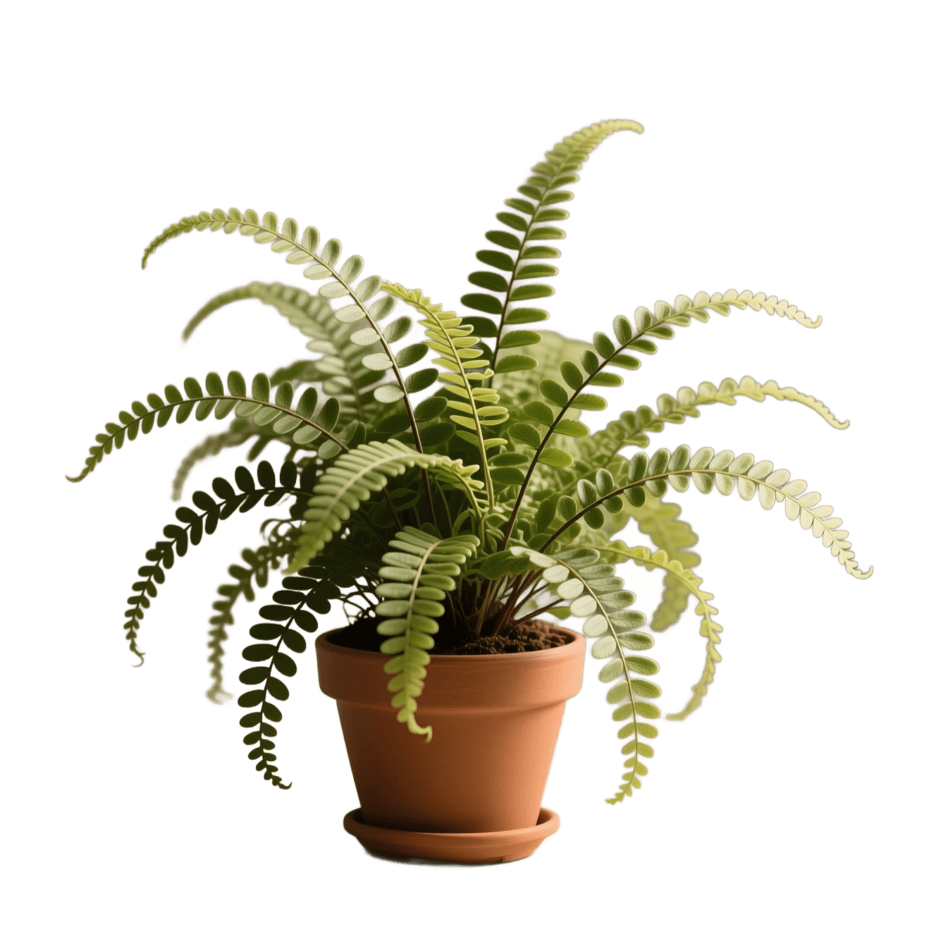 After background removal, the potted fern and its fine leaves isolated on transparency