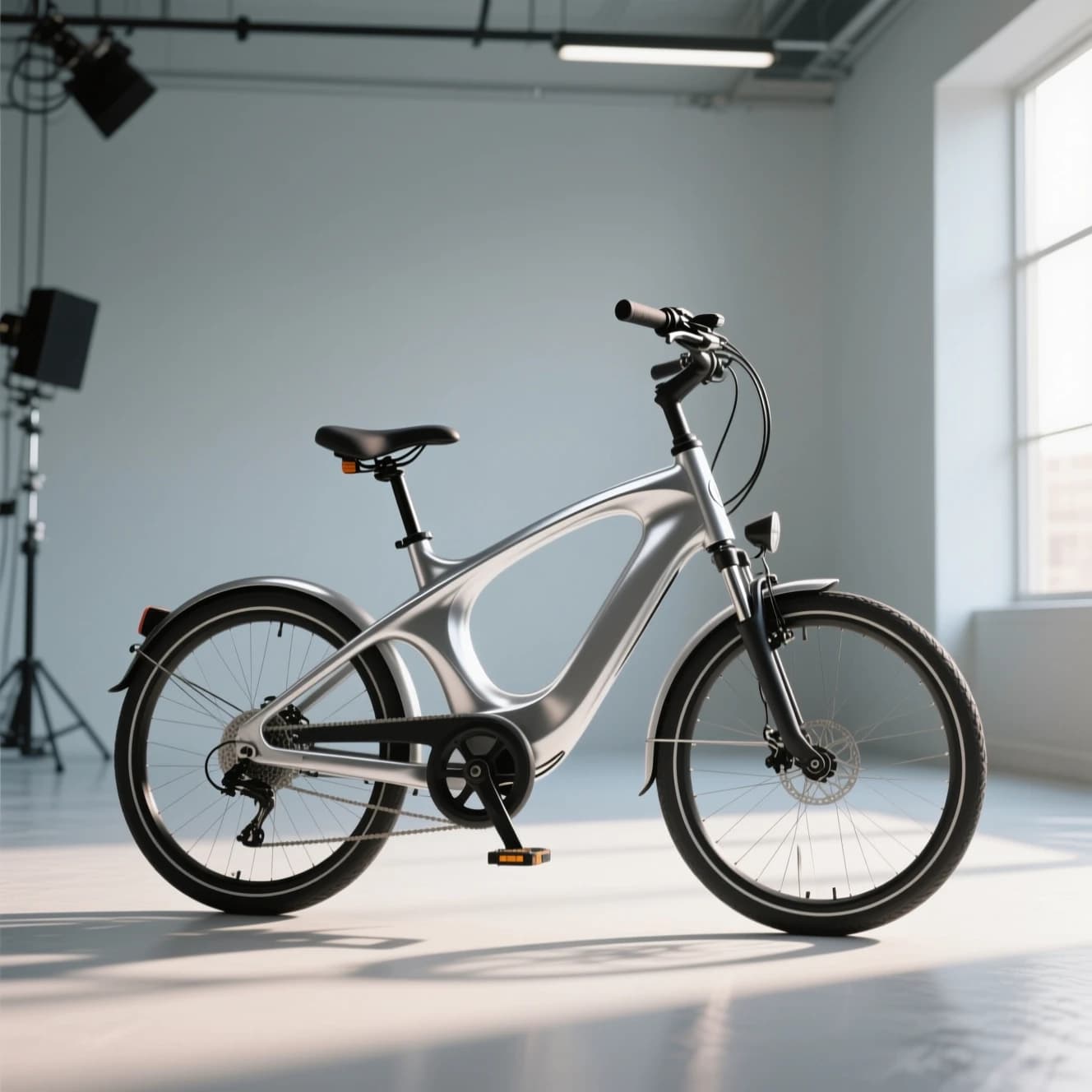 Commercial AI concept image of a silver electric commuter bicycle in a studio