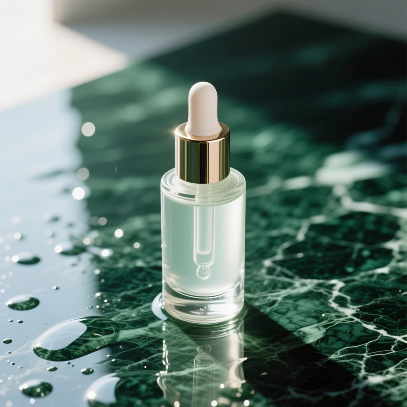 Before editing, a serum bottle photographed on a green marble set