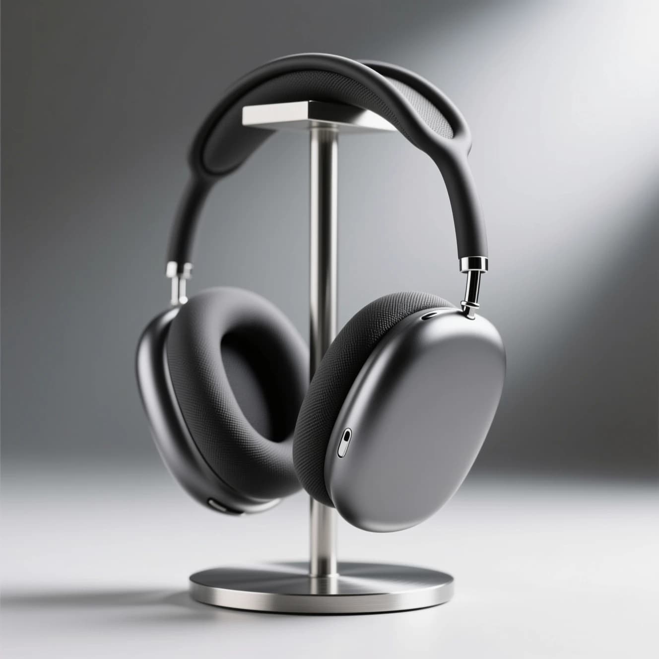 AI product concept of unbranded charcoal headphones on an aluminum stand