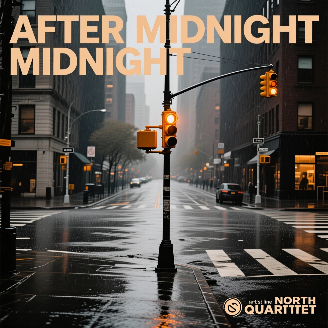 AI-generated contemporary jazz album cover showing a rainy city intersection under an amber streetlight