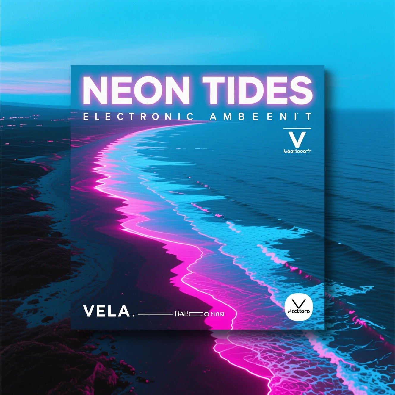 AI-generated electronic ambient album cover with a luminous cyan and magenta abstract shoreline