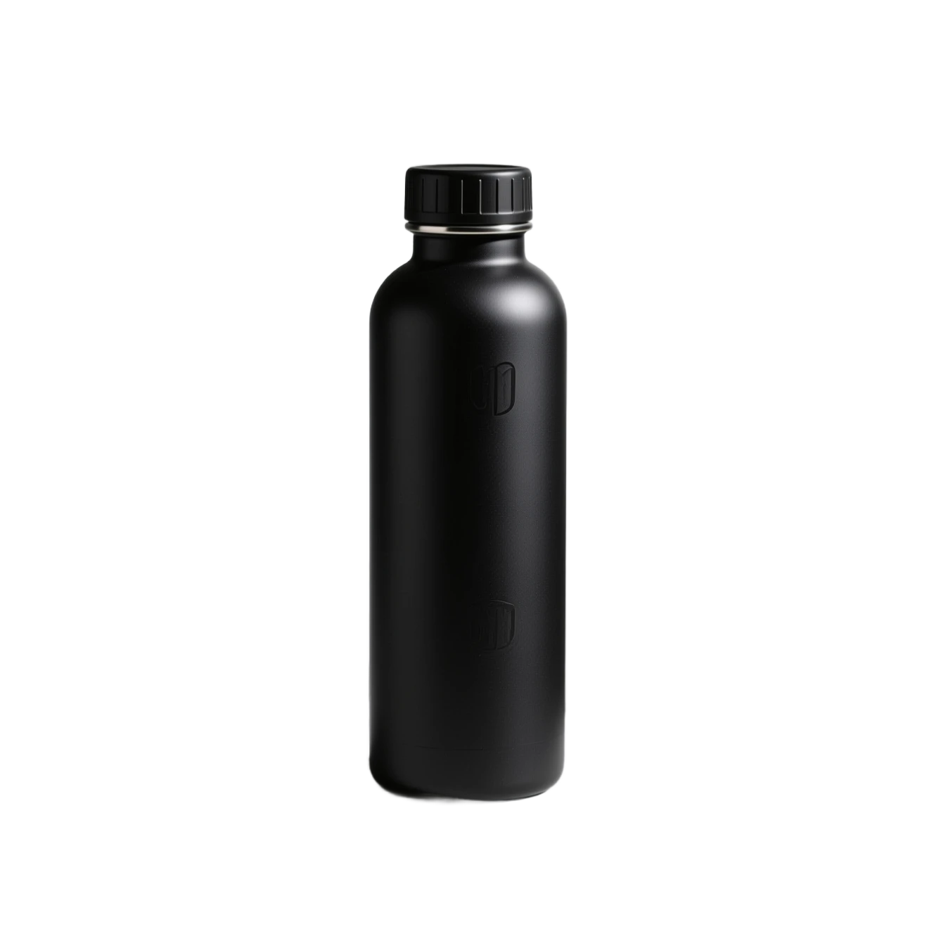 After background removal, the matte black water bottle isolated as a transparent PNG