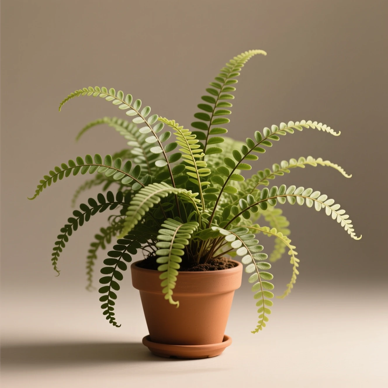 Before background removal, a potted fern with many fine leaves on a warm gray background