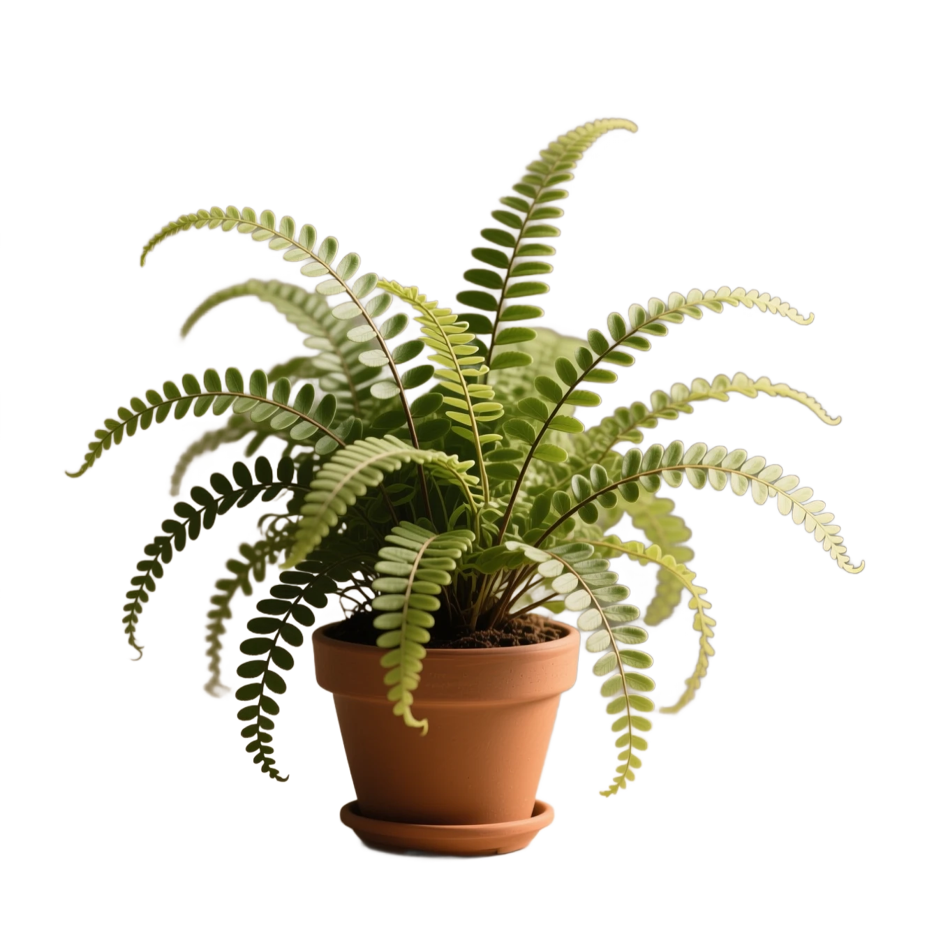 After background removal, the potted fern and its fine leaves isolated on transparency