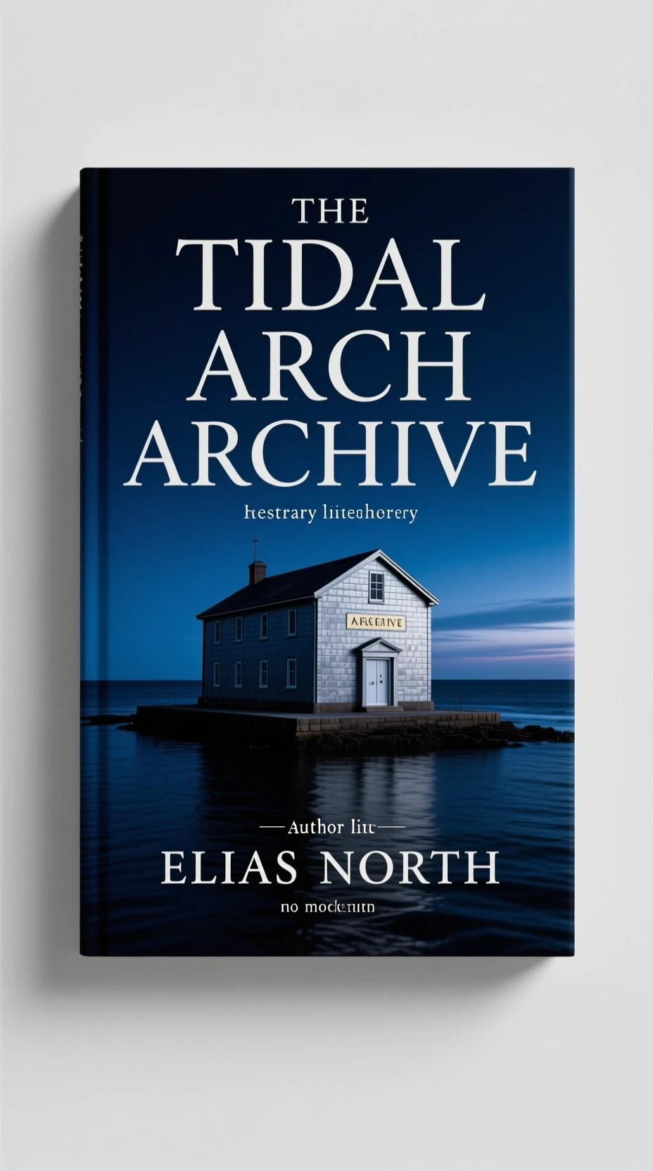 AI-generated vertical mystery book cover concept with a coastal archive above dark water