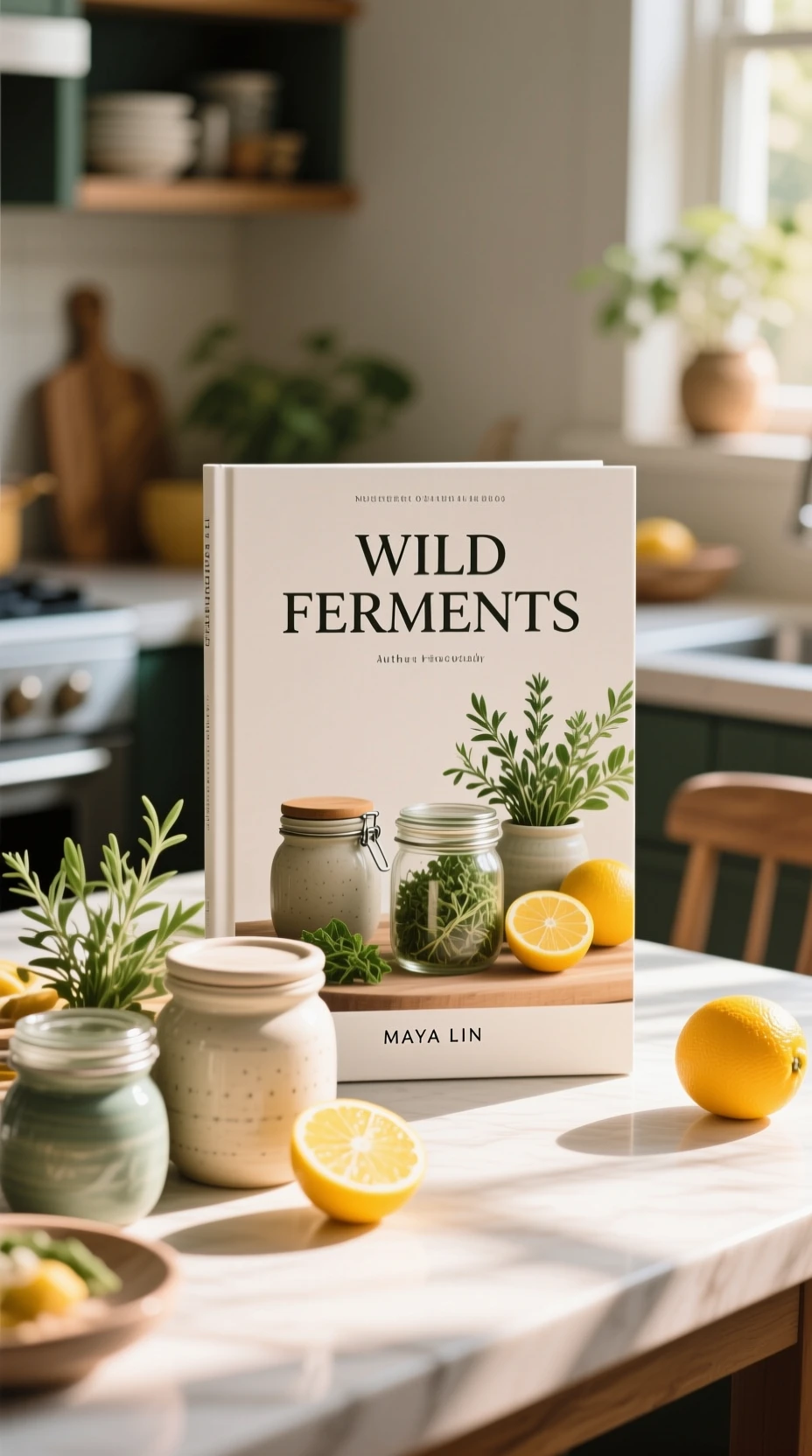 AI-generated cookbook cover concept with fermentation jars, herbs, and citrus on a kitchen table