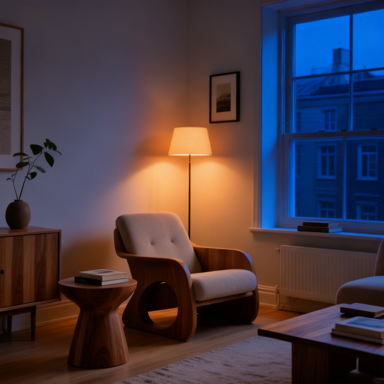 After editing, the reading corner shown at night with the floor lamp on