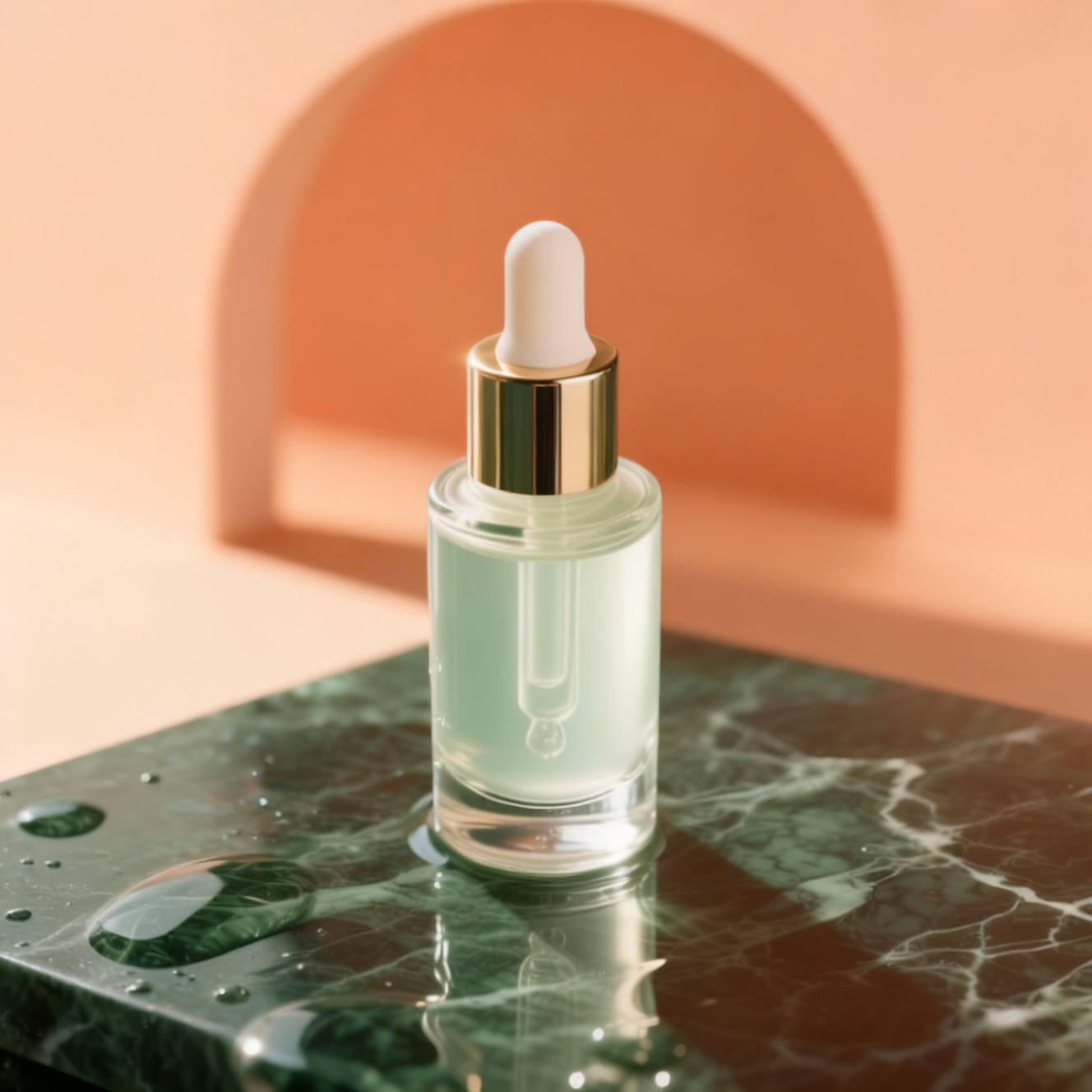 After editing, the serum bottle placed in a warm ivory studio setting