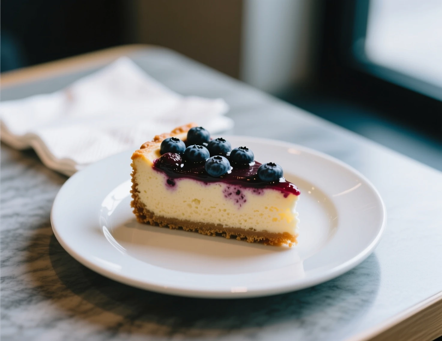 Before editing, a casual cafe photo of berry cheesecake under mixed cool indoor light
