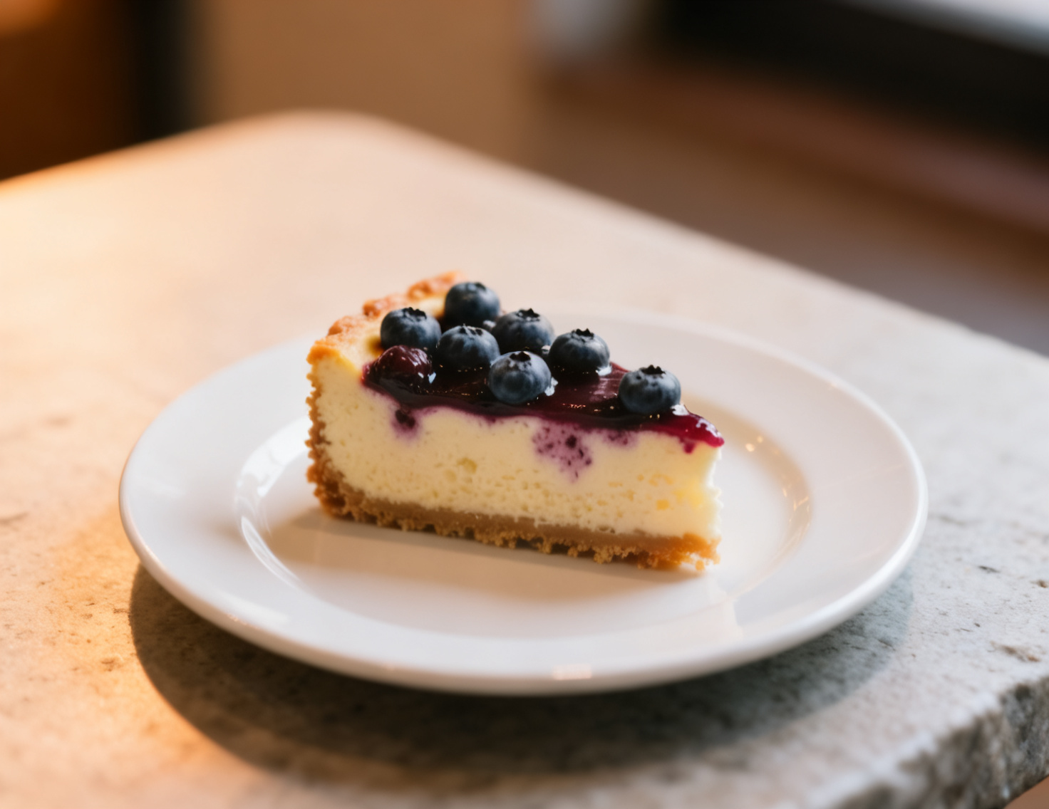 After editing, the cheesecake shown on a clean stone table with warm side light