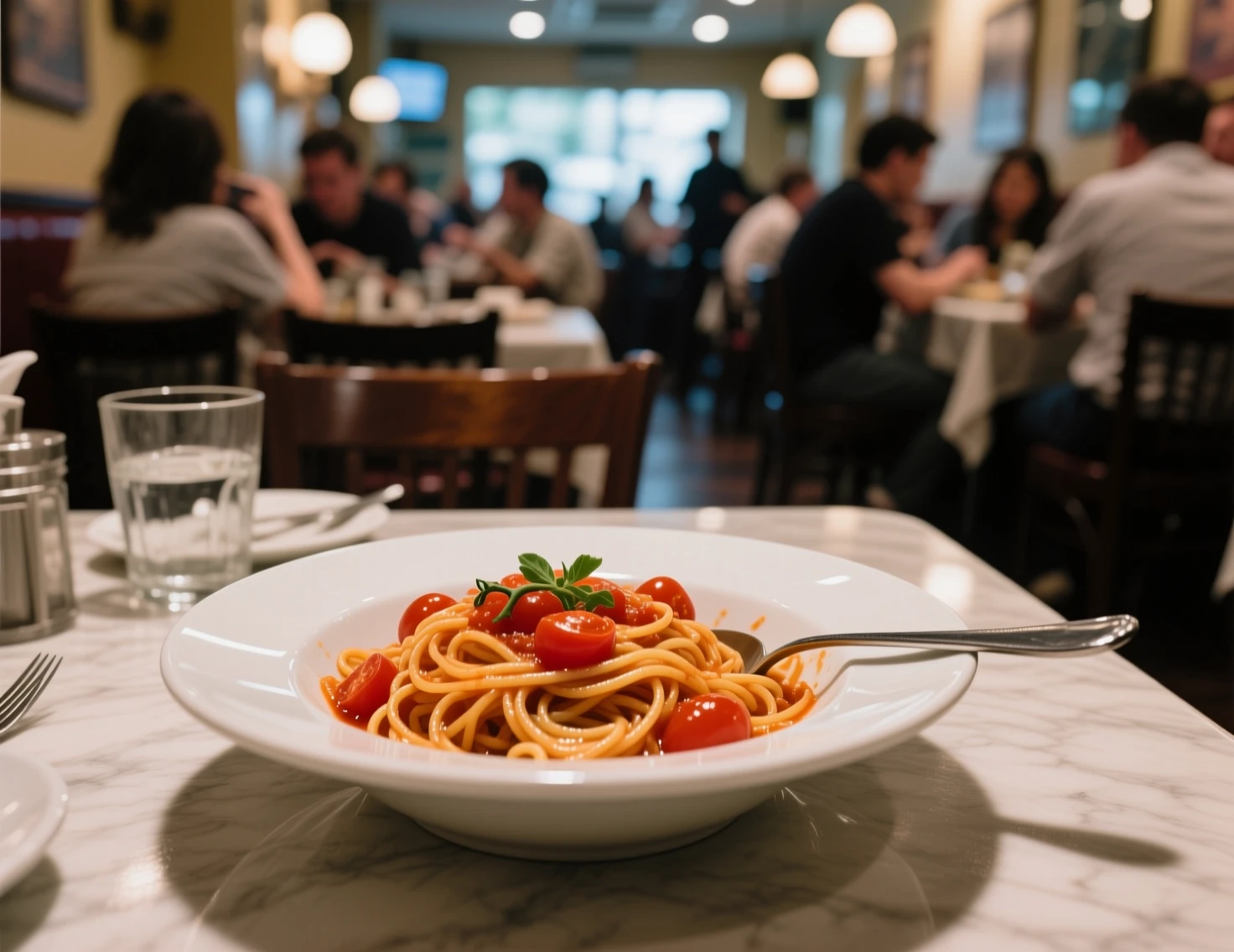 Before editing, a casual phone photo of tomato pasta on a crowded restaurant table
