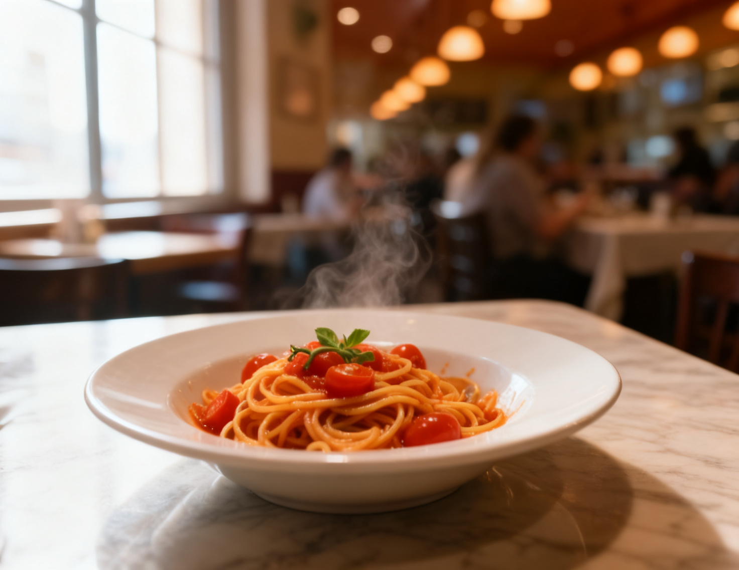 After editing, the pasta shown with warm window light, a cleaner table, and subtle steam