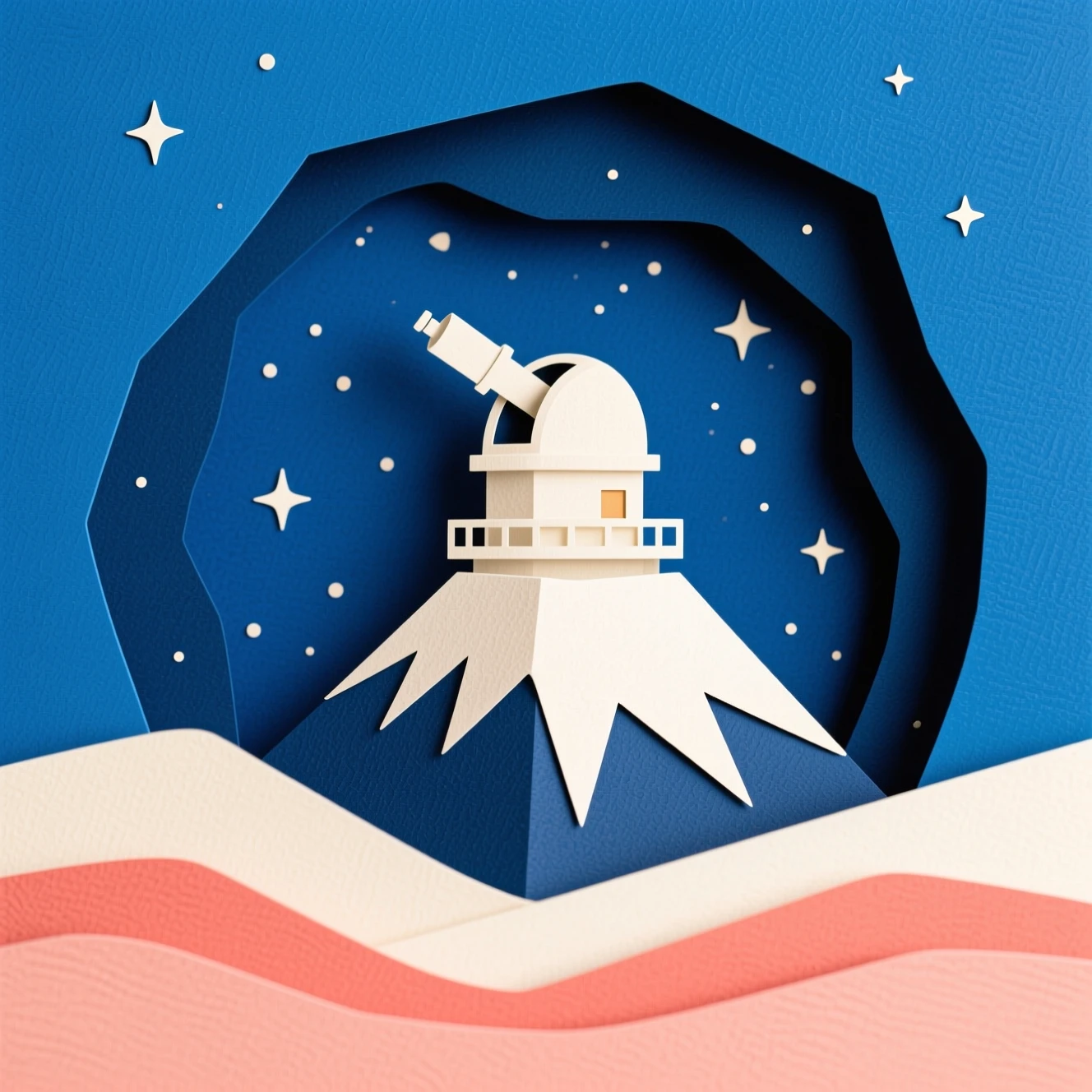 Layered paper-cut AI illustration of a mountain observatory beneath a starry sky