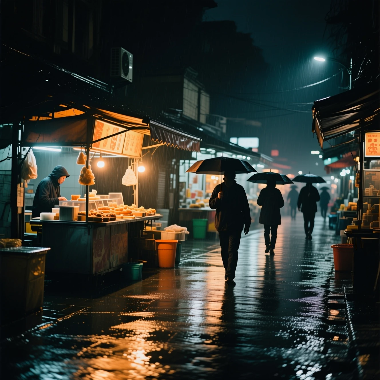 Documentary-style AI image of a rainy night food market with umbrellas and reflections