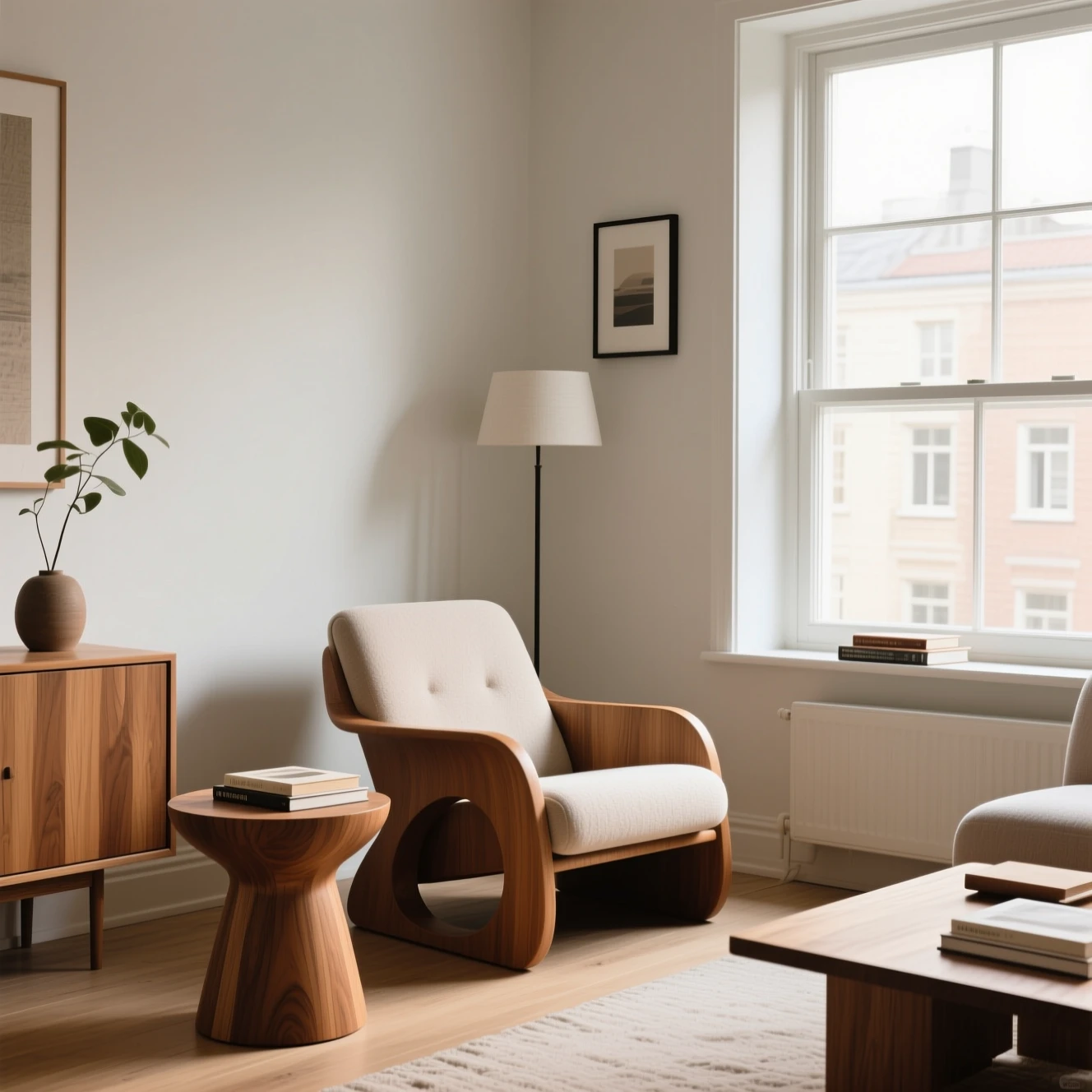 Before editing, a modern reading corner lit by daylight