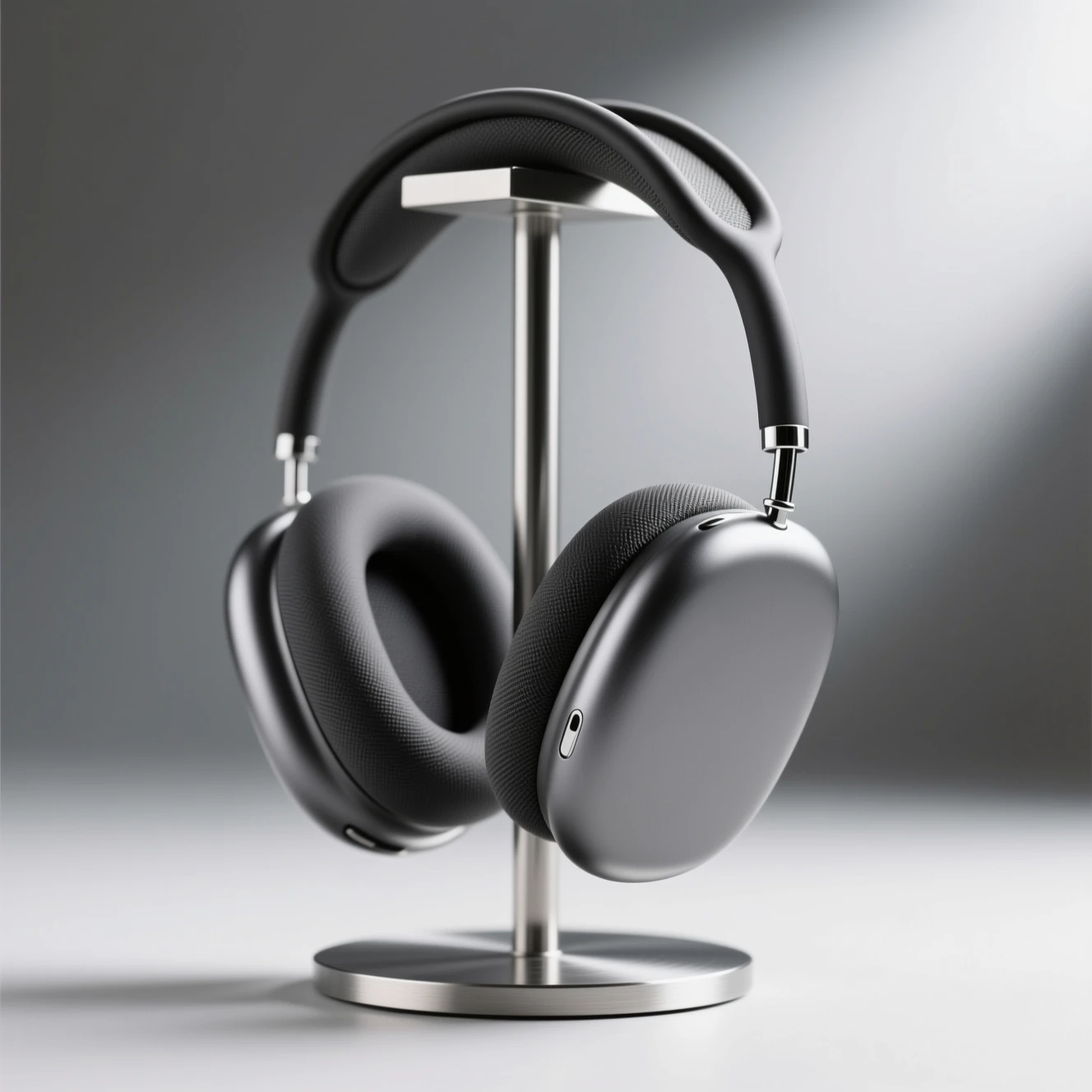 AI product concept of unbranded charcoal over-ear headphones on an aluminum stand