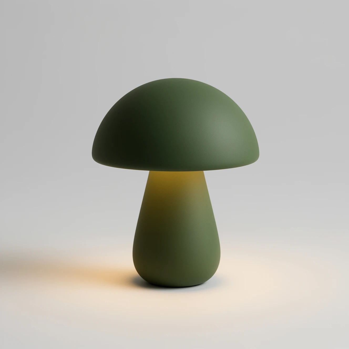 Input ecommerce photo of an olive green mushroom table lamp on a light gray background