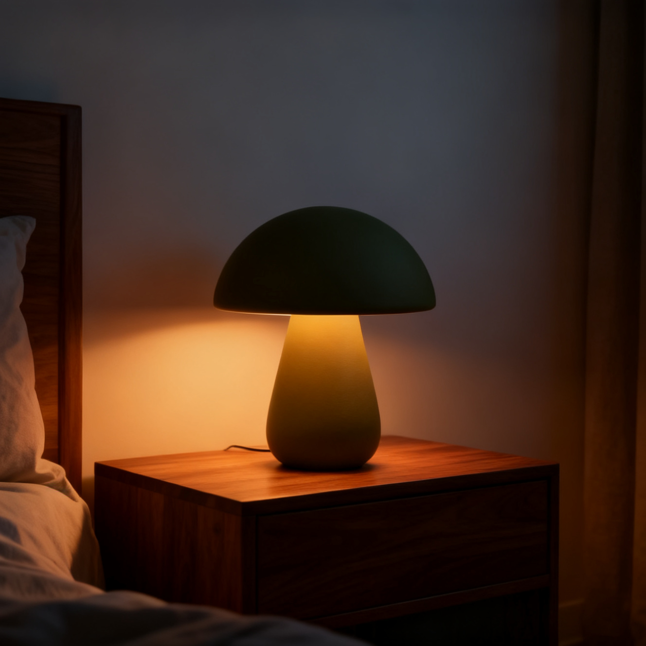 AI-edited product scene with the olive green mushroom lamp glowing on a bedside table