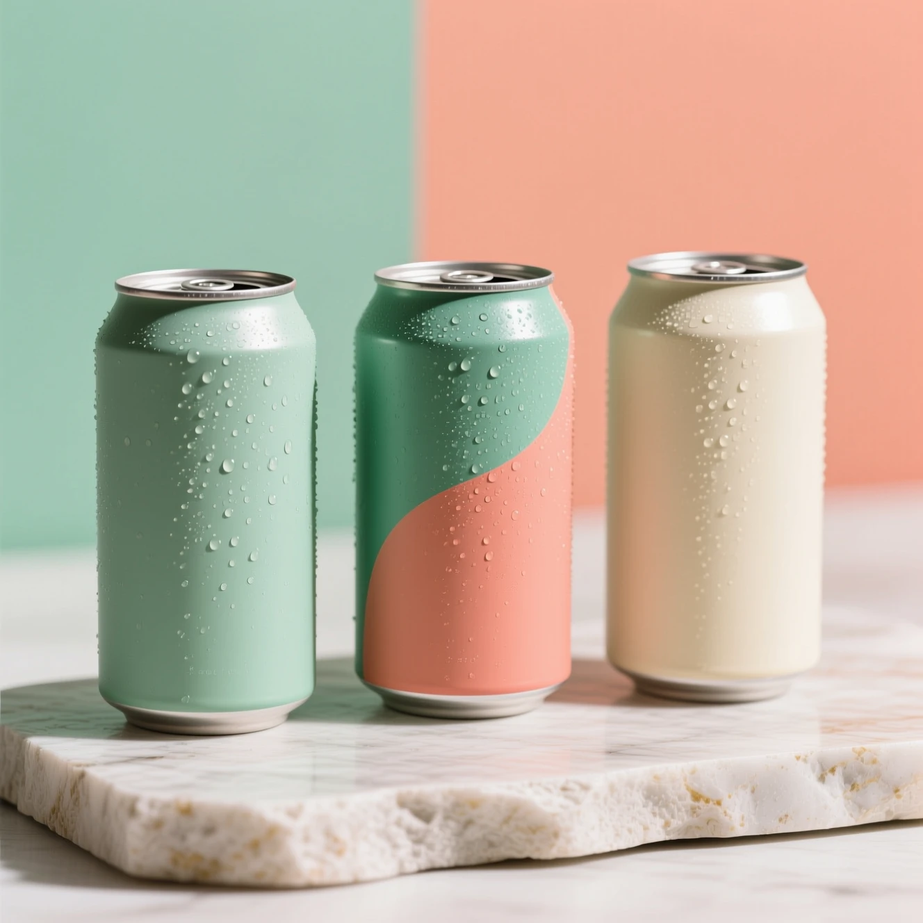 AI product concept showing three unbranded colorful sparkling tea cans with condensation