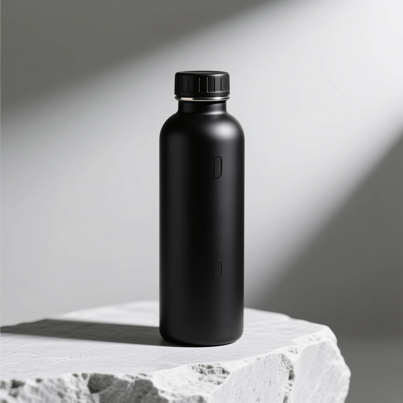 Before background removal, a matte black water bottle on a light studio background