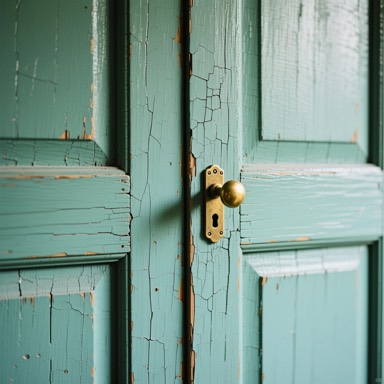 Original 384 by 384 pixel photograph of a weathered green door and brass handle