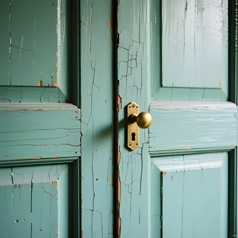 Two-times upscaled 768 by 768 pixel green door with clearer cracked paint and hardware